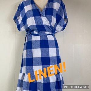 OLD NAVY LINEN BLEND BLUE WHITE PLAID WRAP SURPLUS DRESS LARGE BELTED V NECK
